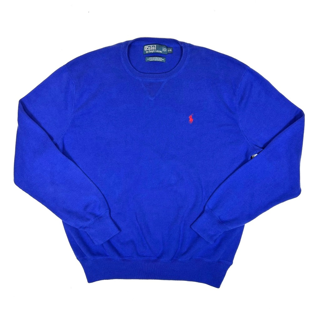 Polo Ralph Lauren Mens Royal Blue Cotton Crewneck Sweater Red Pony Logo Large
